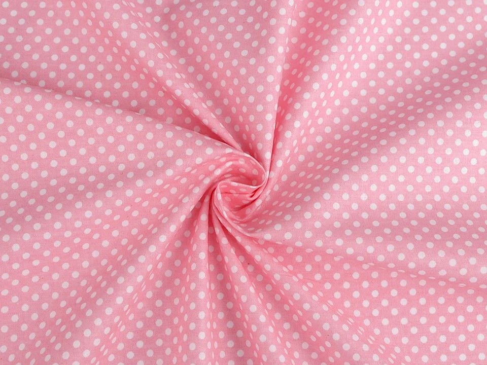 100% Kokvilnas audums - baltas pumpiņas uz rozā fona (4 mm) 130 g/m²
