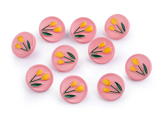 Pogas uz kājiņas 17.8 mm - dzeltenas tulpes uz rozā fona