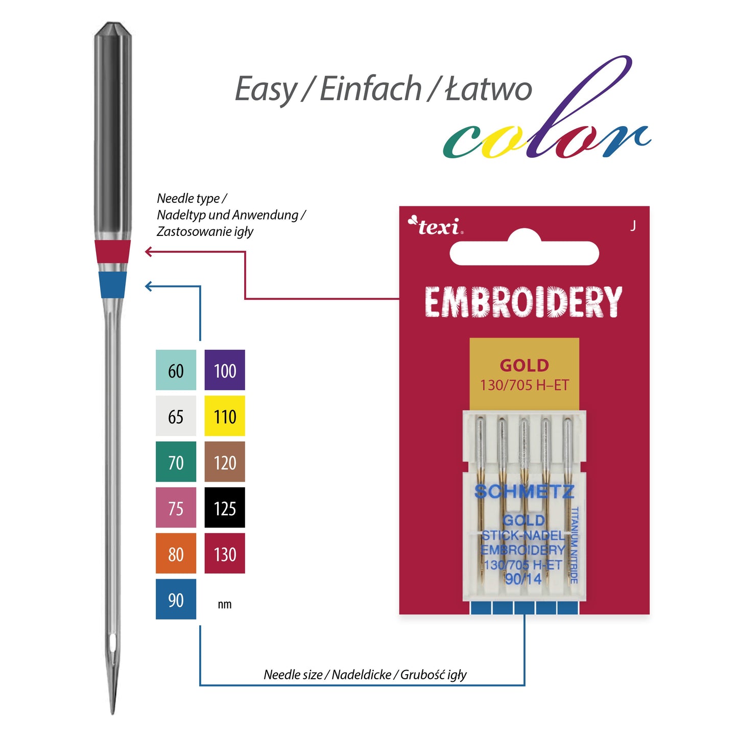Šujmašīnu adatas izšūšanai SCHMETZ EMBROIDERY GOLD NEEDLES - Nr.90 (5gab.)