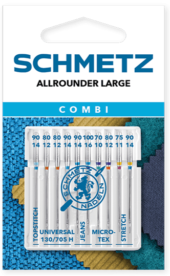 Šujmašīnu adatu komplekts SCHMETZ COMBI 10 TOPSTITCH/UNIVERSAL/JEANS/MICROTEX/STRETCH (10gab.)